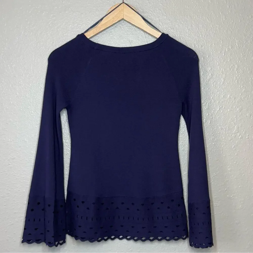 Ramy Brook Diane Sweater Laser-Cut Bell Sleeve Boatneck Navy Size Women's XS - Picture 9 of 9